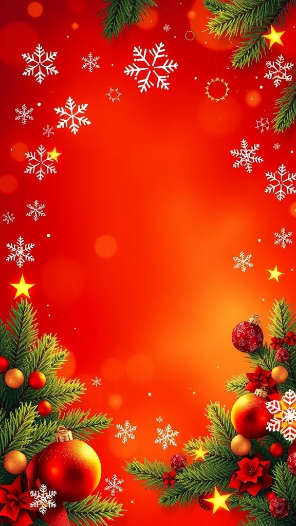 Festive Christmas background with snowflakes, trees, and ornaments in red and green.